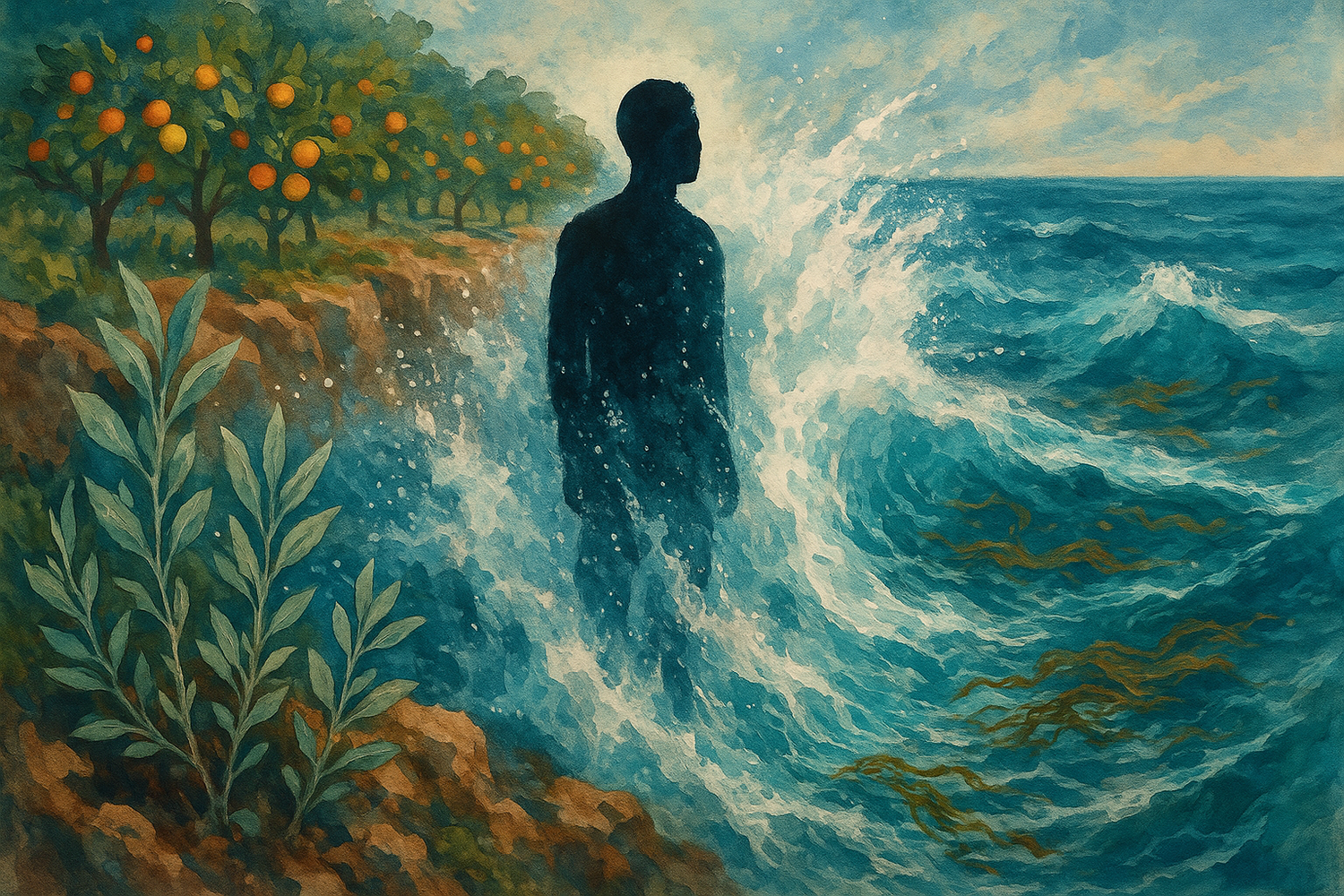 A design that echoes the Palestinians' resolve — even if they drank the sea, they’d still stand tall. It carries the scent of sage, kissed by sea salt and drifting algae,like the breeze of Jaffa’s shore — citrus-laced, wild and free.Steadfast in salt… Rooted through the waves.