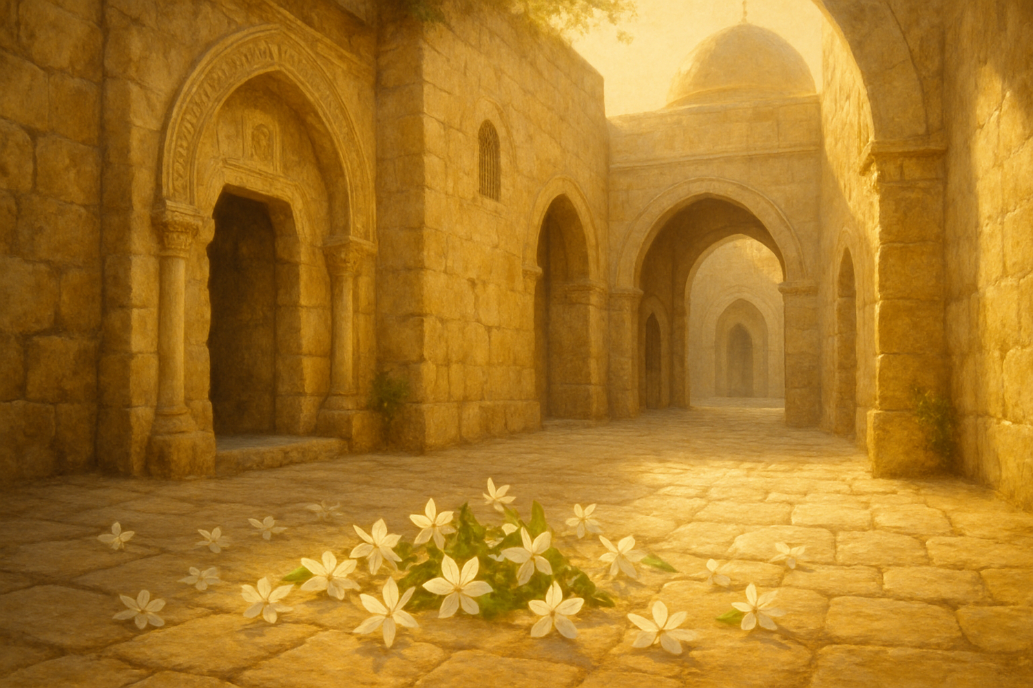 creat a design that seems like orientalists without using dust effect , that speaks of hope that never fades —  like the scent of jasmine (add jasmin on the floor), a breath of a sunlit morning in Old Jerusalem, where light rises gently on ancient stones. 